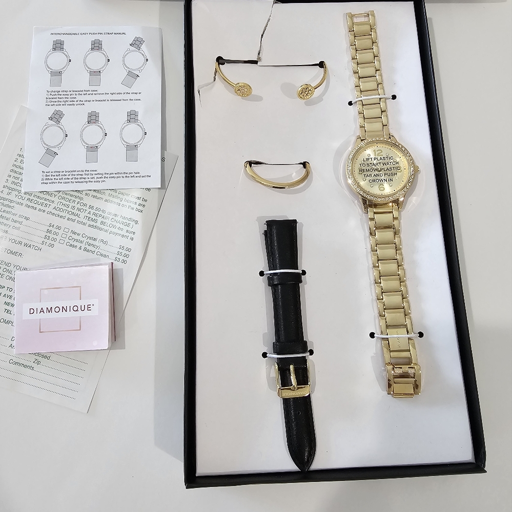 Diamonique Gold Bracelet Watch With Interchangeable Black Watch Strap